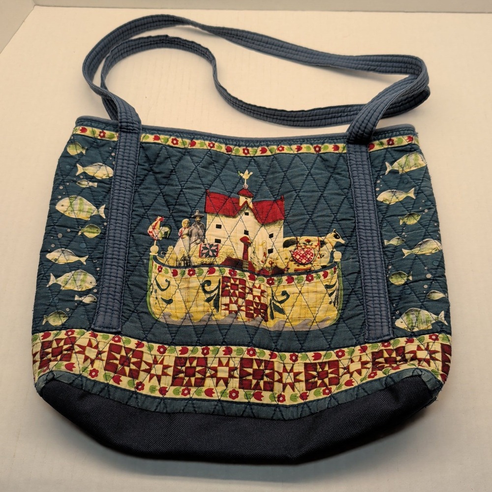 Jim Shore Noahs Ark Quilted Tote Bag Blue Folk Art Animal Shoulder Bag 2005